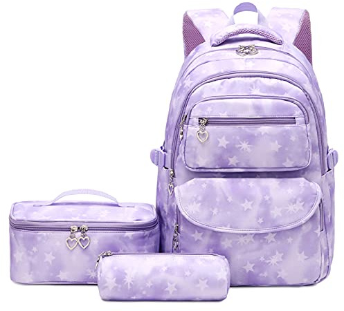 SIVENKE Ensemble de sac à dos d'école imprimé marguerite avec sac à lunch et étui à crayons - 3 pièces - Sacs d'école pour adolescents, filles et garçons - Sac à dos résistant à l'eau, léger, pour