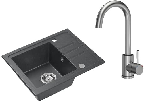 VBChome Granitspüle Schwarz 55x44 cm – Einbauspüle Einzelbecken, Reversibel, Inox Armatur, Pflegeleicht, Komplettset mit Siphon – Ideal für kleine Küchen