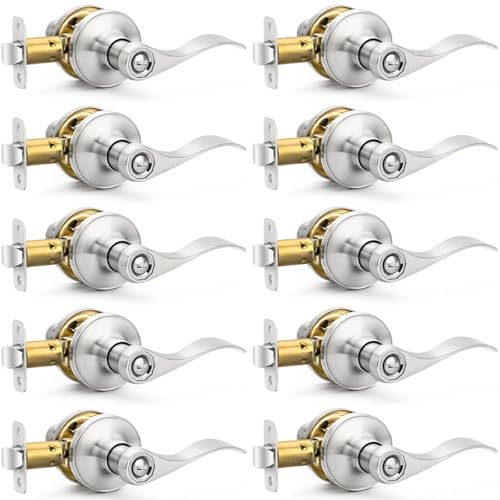 Hasmikit 10 Pack Brushed Nickel Door Handles Privacy Door Levers, Heavy Duty Bed and Bath Door Locks Interior Door Knobs, Reversible Keyless Wave Lever Door Handles