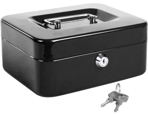 Caja Caudales con Llave para Contar y Transportar Dinero, Caja Fuerte Portátil con Portamonedas, Ideal para Guardar Monedas, Billetes y Joyas (25x18x9cm, Negro)