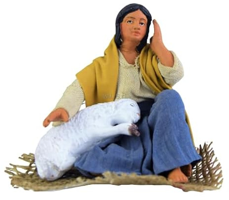 Holyhome Sitzende Frau mit Lamm 12 cm (4,72 Inch) - Neapolitanische Terrakotta-Krippe gekleidet