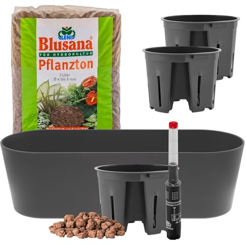 Leni Flori Jardiniere Blumentopf länglich 36 cm anthrazit/grau Hydrokultur-Komplett-Set mit Übertopf Hydro-Töpfen Wasserstandsanzeiger & Pflanzton