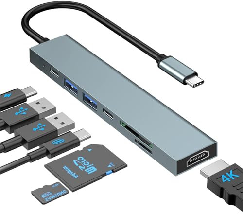 Herfair USB C Hub HD Adapter,7in1 Multiport USB-C to 4K HD, SD/TF Card Reader/1*USB 3.1/1*USB 2.0/1*Type C&100W Power Delivery, Compatible with MacBook Pro 2022/2021/2020/2019