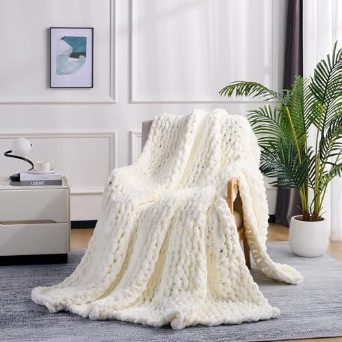 L'AGRATY Chunky Knit Throw Blanket for Couch, 50 x 60 Inches, Cream White