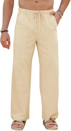 Runcati Herren Hose Baumwolle Straight Leg Yoga Hose Männer Herbst Loose Fit Strand Leicht Einfarbig Freizeithose mit Taschen Elastischer Bund, Khaki, XXL