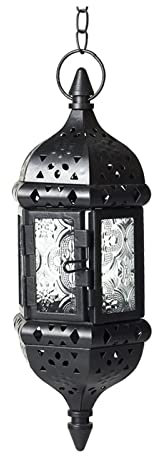 Display Kandelaber Hängende Sechseck Kerzenhalter Schwarze Metall Innen Kerzenlaternen mit Glas Handgefertigter Teelichthalter für Außenterrasse Dekoration Kerzenhalter (Co