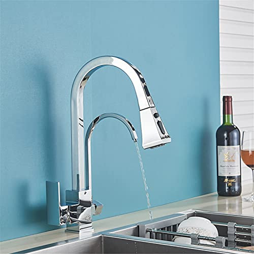 Faucet Robinets de Filtre à Eau pour Robinet de Cuisine extractible, mitigeur monté sur Le Pont à Double poignée, Fonction de Purification de l'eau à Rotation à 360 degrés, Grue, Chrome(Chrome)