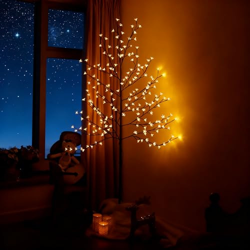 CCLIFE Albero Luminoso da Interno 180cm, Lampada LED con Funzione Memoria, Albero di Ciliegio Illuminazione, Bianco Caldo, IP44, 200 LED Albero con Luci