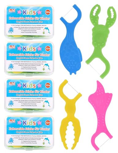 128 PCS Fil Dentaire pour Enfants Fil Dentaire avec Manche Plastique porte fil dentaire poignée adaptée aux enfants Ocean Dental floss Kids - 4 formes d'animaux multicolores