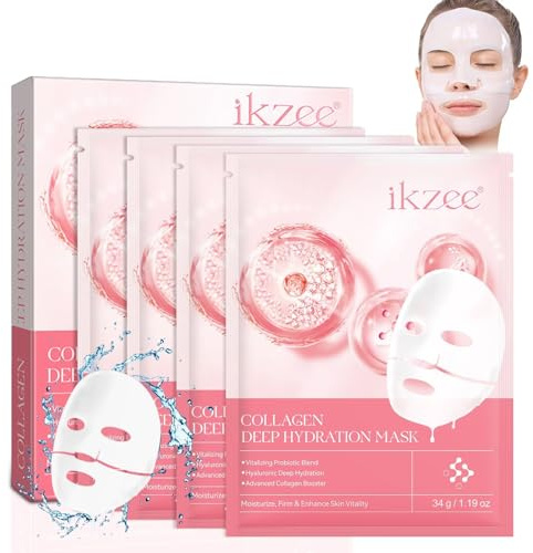Maschera per collagene biologico, per il collagene, per il viso, per il collagene, per migliorare la resistenza, umidità profonda, idratazione e cura della pelle (4 pezzi)