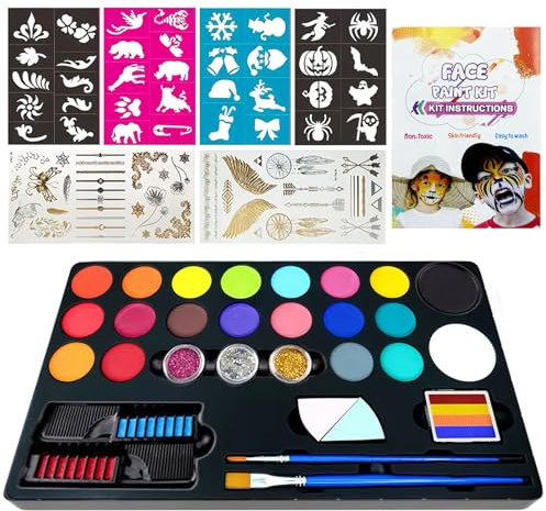 Druuzyl Truccabimbi Kit 32 Pezzi - 20 Colori Anallergici con Glitter, Spugnette e Stencil, Set Completo per Face Painting a Carnevale/Compleanni/Scuola (Atossico, Lavabile)