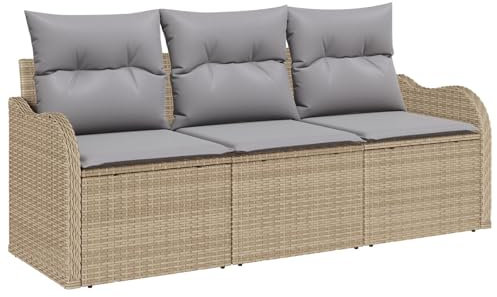 vidaXL Gartensofa-Set mit Kissen 3 pcs Beige Poly-Rattan, Garten- und Terrassenmöbel, stylisches, Robustes, leichtes Sofa-Set, uv-beständige Materialien, Verstellbarer Tisch, Rattan