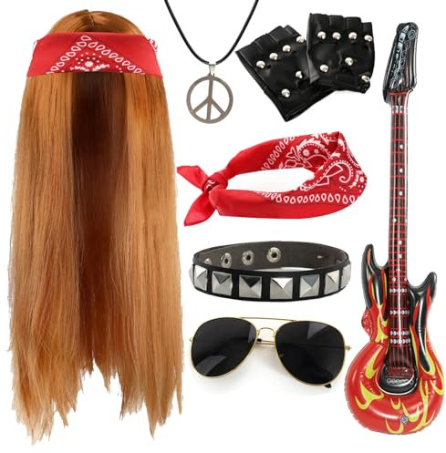 Adults 80s Rock Star Accessory Set - Long Ginger Wig, Paisley Red Bandana, Sunglasses, Gloves, Inflatable Guitar, Studded Armband, Peace Necklace - Mens 1980s Rock Band Costume Accessory Set