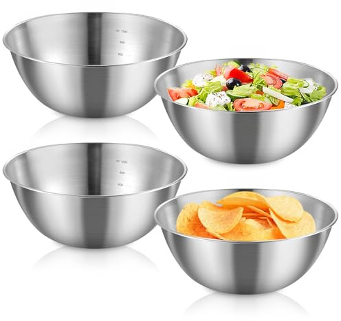 PORFOYO Culo De Gallina Inox, 4 Piezas Ensaladeras 1200 ml, Culo De Gallina Inox, Cuenco Inox, Ensaladera Acero Inoxidable Con Balanza Para Mezclar Ensalada De Frutas, Arroz Y Pastas