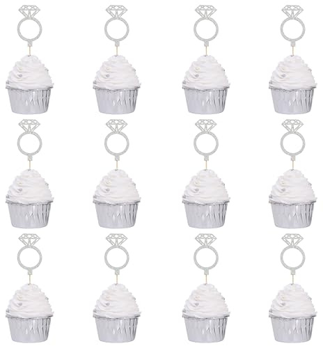 Silver Glitter Diamond Cupcake Topper - Wedding Engagement Cake Decorations, Silver Ring Cupcake Toppers, Diamond Wedding Ring Cake Picks, For Bridal Shower Party Decorations Supplies