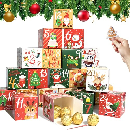 DIY Adventskalender zum Befüllen Kleine Geschenkboxen, 24 Stück Selbstgemachter Adventskalender Boxen Bunte Schachteln zum Aufstellen, Weihnachtskalender zum Befüllen, Weihnachten Kisten (A)