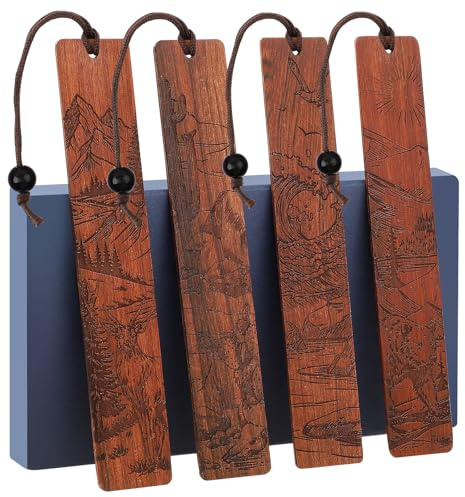 4Pcs Wood Bookmark for Men, Adventure Scenery Wooden Carving Book Mark Gift for Men Book Lovers