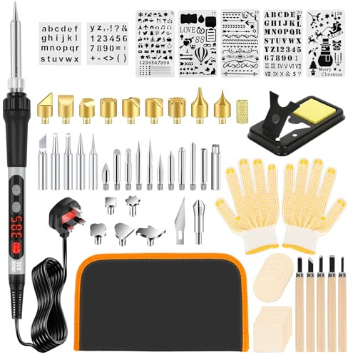 60Pcs Pyrography Kit,100W Wood Burning Kit with Adjustable 180°C-520°C Pyrography Pen 28 Burning Tips 5 Soldering Tips,7 Stencils,10Pcs Wood Pieces, Gloves for Carving Embossing Welding