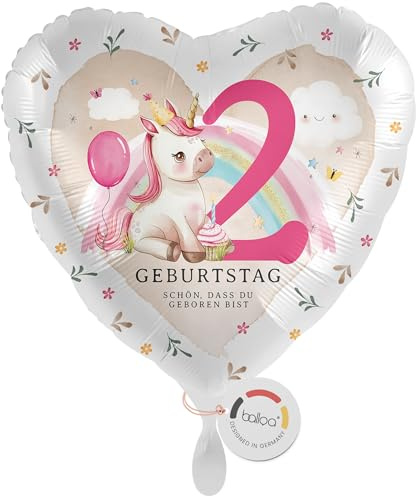 balloa Folienballon Herz Einhorn Motiv, Geschenk zum 2. Geburtstag für Mädchen, Helium geeignet Luftballon Partydeko Kindergeburtstag, Deko Idee für Einhorn Party, Geburtstagsdekoration, 33cm