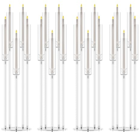 5 Arm Candle Holder with Clear Acrylic Lampshade, Set of 4 Tall Floor Candelabra for Table Centrepiece, Wedding Party Decoration, LED Taper Candle Stand, Home Display (1 Set)