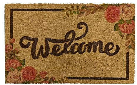 Brown Rose and Leaf - Natural Coco Coir Door Mat with Heavy Duty Backing - 17.5x30 Inch - Welcome Mats for Entryway,Outdoor - Front Door Welcome Doormat - Anti-Slip Rubber & Coconut Fiber