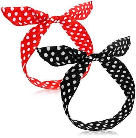 2 Stück Polka Runde Haarband,Mode Haarband Mit Schleife,Rockabilly Accessoires Damen,Drahthaarband Damen,Bandana Im Retro-Stil 50er Jahre,Retro-Kleidung Für Festliche Anlässe Und Bälle (Rot,Schwarz)