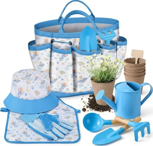 Kids Gardening Tool Set 18PCS Children's Garden Tool Kit Outdoor Garden Toys for Kids with Shovel Shovel Rake Trowel Sprayer etc,Outdoor Tools Fun Toys Gift Sets for Boys, Girls (Blue)