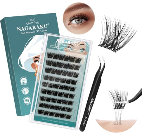 NAGARAKU Självhäftande ögonfranskluster med pincettset 54 stycken gör-det-själv densitet volym utan lim och borttagningsmedel återanvändbar enstegs applikation volym för dramatisk look 0,07 mm C 10/11