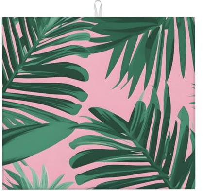 Almohadilla absorbente para encimera de cocina, WHJSSF verde, hojas de palmera, patrón rosa, antideslizante y de secado rápido para guardar vajilla y limpiar encimeras, 18 x 16 pulgadas
