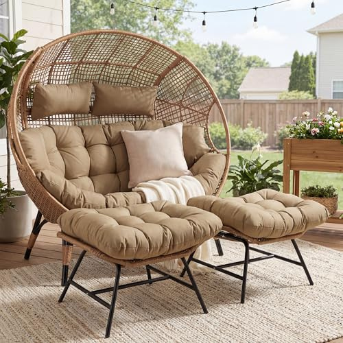 RADIATA Double Egg Chair with Ottomans Outdoor Wicker Patio Egg Chairs with Footrests for Indoor Bedroom Outside Porch Deck Backyard Garden