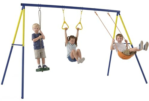 AIYAPLAY Portique Balançoire Extérieure Enfants 3-en-1, Siège de Balancelle, 2 Anneaux Gymnastique et Balançoire à Disque, Cadre en Acier Charge 150KG, pour Garçon Fille 3 à 8 Ans, pour Parc ou Jardin