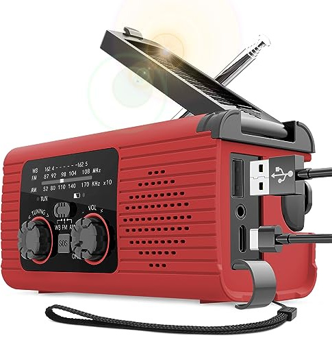 Emergency Solar Hand Crank Radio with LED Flashlight, Reading Light, Battery Backup, SOS Alarm, and Cellphone Charger for Outdoor Use