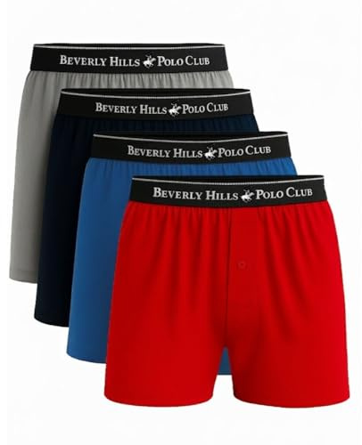 Beverly Hills Polo Club Men's Knit Boxer Shorts 4 Pack, Soft Cotton Blend Loose Fit Underwear with Covered Waistband, Red/Blue/Black/Grey Heather, Medium