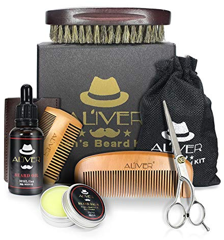 Beard Grooming Kit, Beard Growth Trimming Care Set with Beard Oil, Beard Balm, Wood Beard Comb, 100% Boar Beard Brush, Double-Sided Comb, Scissors Gift Set 6pcs Beard Combo Set