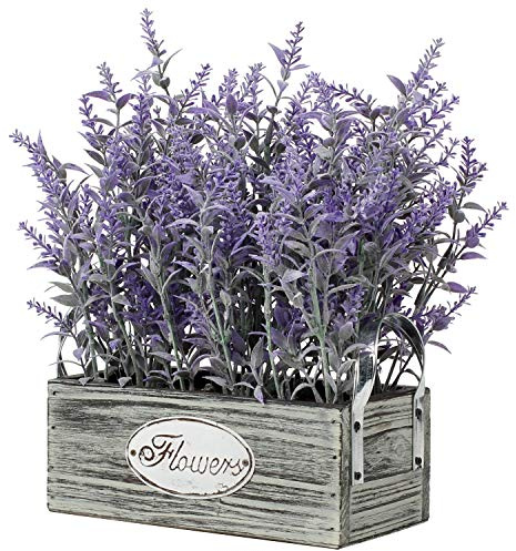 Briful Künstliche Lavendel Blumen Kunstpflanzen Kunstblumen Flocked Kunststoff Lavendel in Rechteck Antik Holztopf Indoor Outdoor Home Küche Büro Tischdekoration Dekor