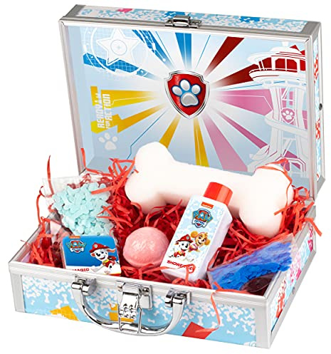 Paw Patrol Bath Fun Set - Badeartikel für Kinder im kleinen PawPatrol Koffer - Geschenkset - Badeschwamm magisches Handtuch Badkonfetti Badefizzer Duschgel