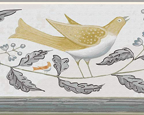 Dundee Deco DDAZBD9018 Wandbordüre zum Abziehen und Aufkleben, für Kinder, senfgelbe Vögel auf Weinrebe, Retro-Design, 4,57 m x 17,78 cm, selbstklebend