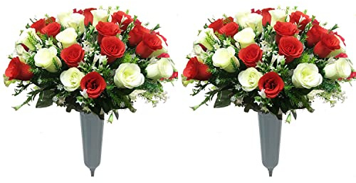 Gritech Silk Flowers Cemetery Flowers Roses Artificial Flowers for Graves & Memorials- Arrangements for Headstones- Lifelike, Florist-Arranged Bouquet (Red/White, 2)