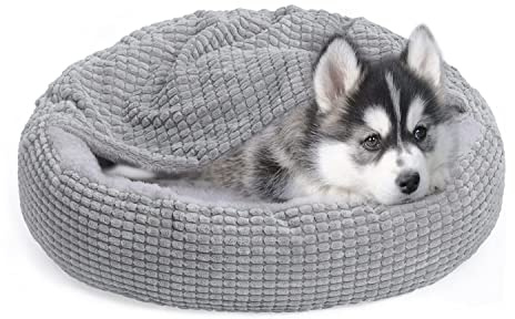 Alalulu Kleines Hunde- und Katzenbett mit Kapuzendecke, Donut rund, beruhigend, Anti-Angst, Haustierhöhle für den Innenbereich, für Katzen oder Welpen,schmutzabweisender Boden, maschinenwaschbar