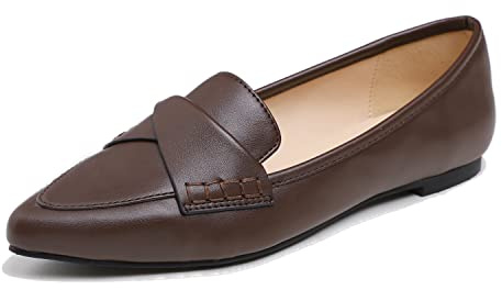Feversole Loafer för kvinnor platt spetsig mode dra på komfort för körning kontorsskor, Brun vanlig vegansk läder vriden rosett, 39 EU