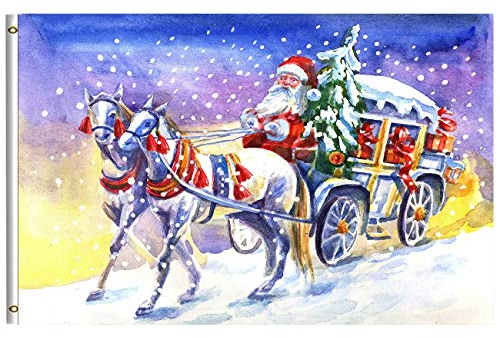 Merry Christmas Flag 3x5 FT/90X150 cm Fröhlicher Winterurlaub Weihnachtsmann in der Kutsche Pferd Schneeflocke Schnee Garten Yard House Flags