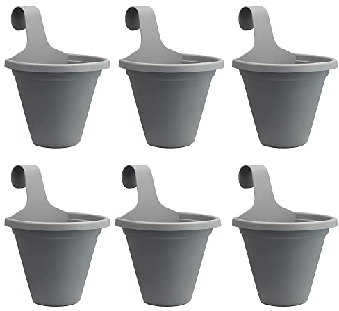 Clever Pots 6 macetas Colgantes para Plantas y Flores, con depósito de autorriego, Maceta de plástico para Exteriores para decoración de Valla de jardín y barandilla de balcón, Color carbón