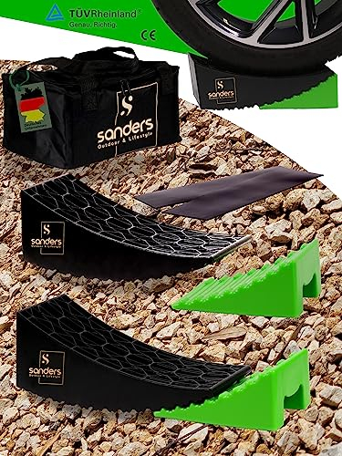 SANDERS Auffahrkeile - [2er Set] robuste Auffahrkeile für Wohnmobil, Wohnwagen | Sicheres & Stufenfreies Nivellieren [<13,5t] Unterlegkeile [individuell kürzbar] - inkl. Antirutschmatten (grün)