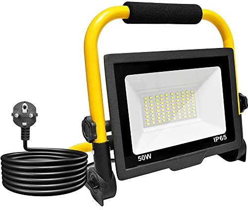 Foco de Trabajo 50W, Foco Proyector 80 LEDs, Luz de Inundación Blanca 6000K, 5000LM, Panel Giratorio 360º, Impermeable IP65, Plegable, Cable 3m. Iluminación de Exterior, Taller, Obra, Garaje