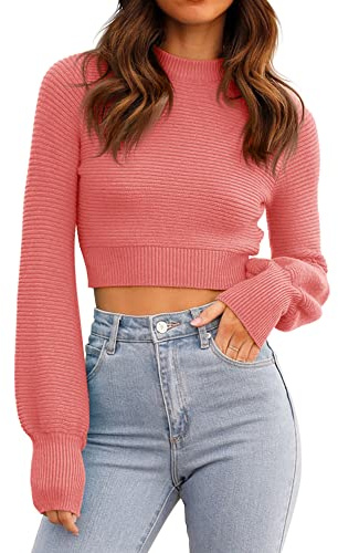 GeGekoko - Maglione da donna lavorato a maglia sexy, corto, girocollo, a maniche lunghe, elegante