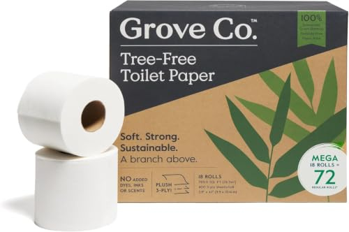 Grove Co. Bamboo Toilet Paper Tree Free & Septic Safe Bath Tissue, Ultra Soft, Durable, & Absorbent 3 Ply Sheets (1 Roll = 44.4 sq ft) Bulk Toilet Paper (Pack of 18 Rolls)