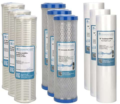 TWaLa Wasserfilter 10 Zoll (9 Filter) - Nylon Siebfilter, Aktivkohleblock, Sedimentfilter - 3 Stufen Filter für Brunnenwasser, Regenwasser, Teichwasser, Poolwasser - Geräteschutz, Pumpenvorfilter