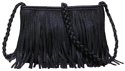 Anopo Fransen Crossbody Geldbörse für Damen Quaste Messenger Tasche PU-Leder Schultertasche Hobo Umhängetasche Fransentasche Schwarz
