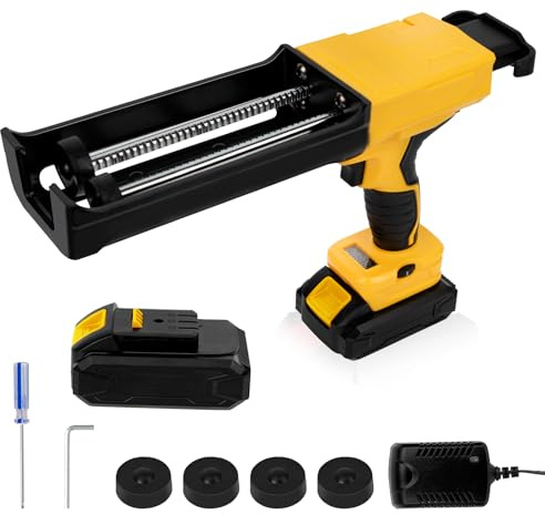 Electric Cordless Caulking Gun Dripless Double Cartridge Adhesive Epoxy Gun for 400mL/13.5fl oz(1:1 Mix Ratio) Automatic Power Dual Component Professional Caulk Gun 6 Speeds with LED Light 2 Batteries