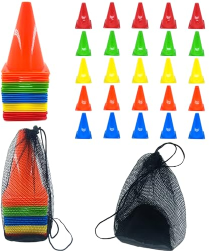niuniaj 25 Pcs Hütchen Fussball, Pylonen Kinder, Fussball Trainingszubehör, Markierungshütchen für Indoor- und Outdoor Sportarten, Fussball Hütchen Set mit Tragetasche Höhe 18 cm (5 Farben)